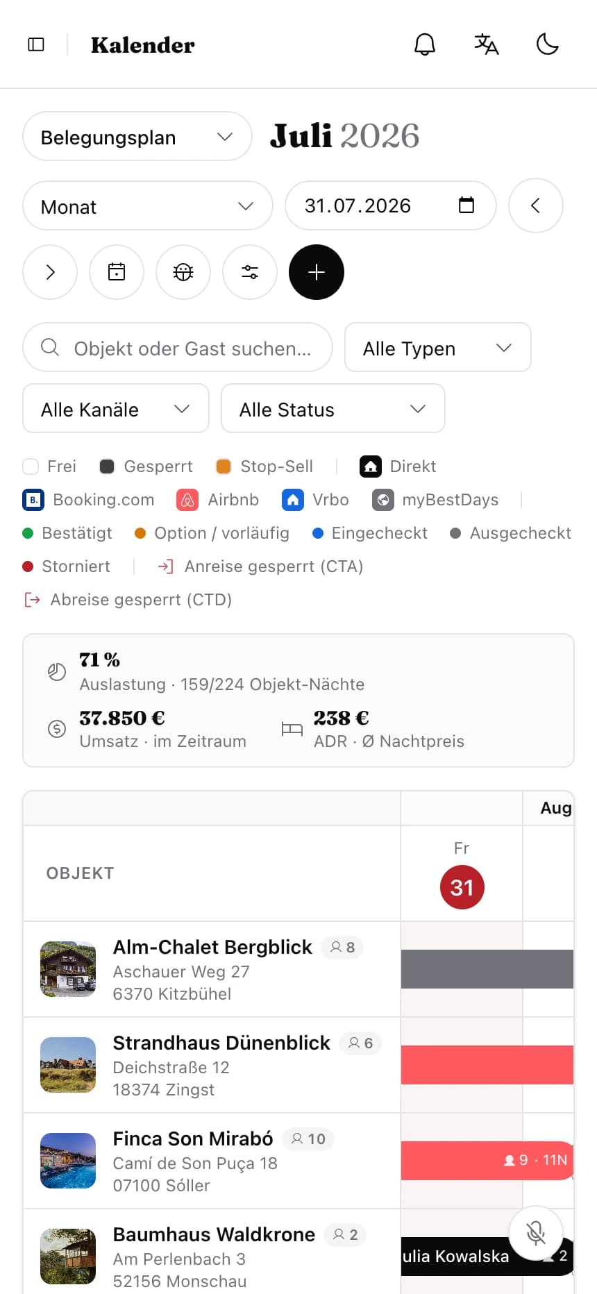 Mobile Ansicht mit Belegung und Nachrichten